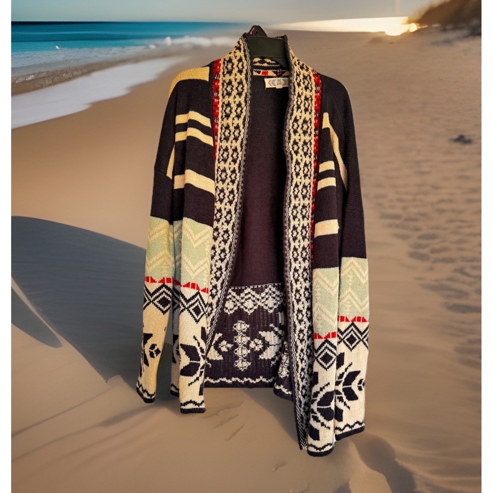 Pink Rose Women's L Geometric Aztec Cardigan Sweater Navy Cream Red
